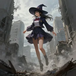 single female witch school uniform, exploring abandoned city, collapsed building, floating, sci - fi fantasy, apocalypse, cinematic, illustration, masterpiece, digital painting, concept art, trending on artstation, art by ruan jia and wlop and greg rutkowski