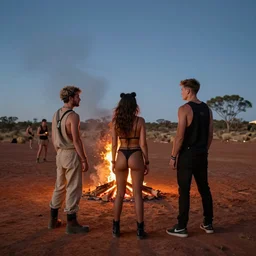 photograph of three ravers, two men, one fully clothed woman, photographed from behind, talking around a fire, photorealistic, dancefloor kismet, diverse costumes, clean composition, desert transition area, bonfire, night, australian desert, xf iq 4, symmetry, sony a 7 r, 1 5 0 mp, 5 0 mm