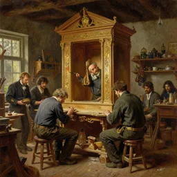 highly detailed oil painting | very intricate | cinematic lighting | award - winning | craftsman | building a piece of furniture in their workshop | by charlie bowater, by greg rutkowski, by j. c. leyendecker and edmund blair leighton, beautiful cinematic light, american romanticism, by alphonse mucha, artstation, cgsociety, official art, octane