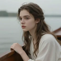 cinestill 5 0 d panorama portrait of a dreamy beautiful woman on a boat by roversi like lady of shalott by waterhouse 3 5 mm lens, 8 k, elegant, highly detailed, pale tonal matt, soft blur, artstation, sharp focus, head in focus