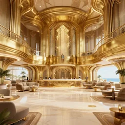 atlantis paradise lobby, a retro futuristic spaceship made of brass, art deco influence, hotel style design. clean cel shaded vector art. shutterstock. behance hd by lois van baarle, artgerm, helen huang, by makoto shinkai and ilya kuvshinov, rossdraws, illustration