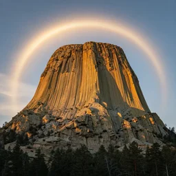 beautiful photo of the Devils Tower Wyoming, golden hour, sundogs