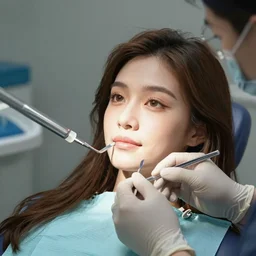 asian girl with brown long hair, being treated at the dentist