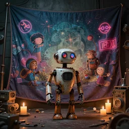 a beautiful tapestry of a dream, a small robot standing, ultra detailed, atmospheric, steampunk, moody, candles, neon signs, characters from machinarium, by don bluth, trending on artstation, octane render, 8 k, ultra realistic