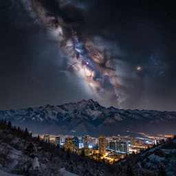 a beautiful double exposure of a deep field astrophotography image by hubble in the sky, and a night time landscape with towering mountains above a cyberpunk city, snow, lpoty, award winning, apod, low noise, detailed, sharp, elevated point of view