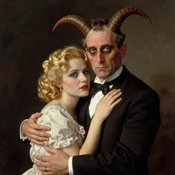 colorful portrait of belzebub hugging a blonde friend, 1 8 0 0 s victorian photo, hand coloured photo, cinematic lighting, atmospheric, realistic, octane render, dramatic lighting, highly detailed, cinematic, by joel peter witkin and hieronymus bosch