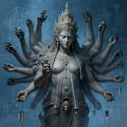 portrait of windchime hundred-handed one brute physically accurate, moody dynamic lighting, very very intricate, very very elegant, highly detailed, digital painting, artstation, in the style of Rob Lefield and Dan Mumford , trending on artstation, digital art,surrealism ,macro,blueprint ,vaporwave ,