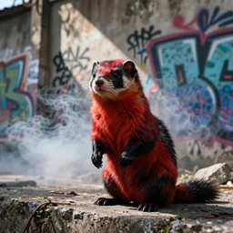 photo ( far _ shot ), subject [ furry _ fandom _ fursona ( red - black, anthropomorphic, weasel - ferret - stoat ) ], background ( smoke, concrete ), medium [ graffiti ( spray _ paint ) ], location ( favela _ wall )