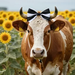 a southern belle cow with a black and white bow, sunflower background, 4k, rustic colors, country style