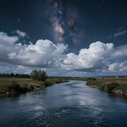 a calm river flowing among a field of clouds and stars in space