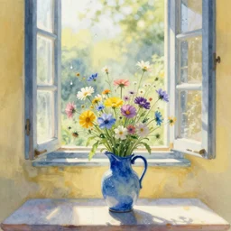 bouquet of wild flowers in a blue jug, yellow wall, open window, drops of sunlight, dreamy lighting, highly detailed, cold colors, light tone, watercolor illustration, hd, style by impressionism, octane render, hyperdetailed environment, photorealism, hyper realistic, no blur, 8k