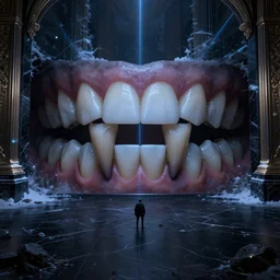 up close shot of regular teeth with two vampire fangs, winter, dark scenery, dark lighting, cinematic, cold freezing nights, laser lights, cybernetic, top floor boss shit, destroy lonely, black floor, lavish, luxurious, marble walls, cinematic, hyper realism, high detail, octane render, 8 k