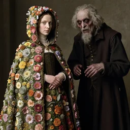 a woman wearing a hooded cloak made of flowers, standing next to a creepy old man, by Jan van Eyck