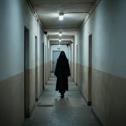 distant hiding ninjas in long corridor backrooms, DOF