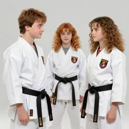 Harry, Ron and Hermione learning karate, wearing white gi's