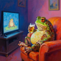 hyper realistic oil painting of toad watching a movie chill on the couch and drink beer, long room, vibrant colors, high contrast, by greg rutkowski, trending on artstation, caricaturist