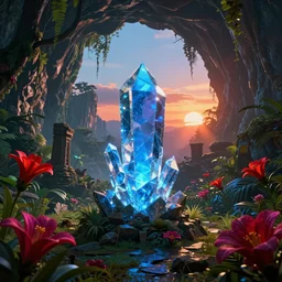 a glowing blue crystal tetrahedron!!! in the middle of ancient ruins in a lush prehistoric jungle, inside a humongous cave, red and magenta flowers, sunset, godrays, orange and blue sky, haze, volumetric lighting, digital render, photorealistic, unreal engine 5, ultra detail, trending on artstation