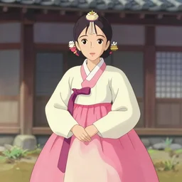 pretty korean woman wearing beatiful hanbok, bright pastel colors, trending on artstation, studio ghibli painterly style