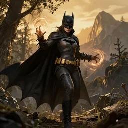 Batman, Female Mage conjuring a spell, realistic, ultra detailed, menacing, powerful, dark, golden hour, forest, mountains in the background concept art Ross Tran