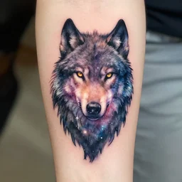 A galaxy wolf shaped nebula watercolor tattoo, highly detailed,