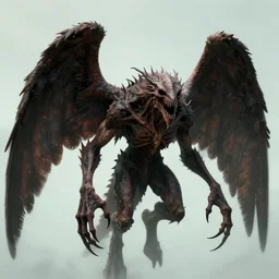 screenshot of a horrid creature from Skyrim. It has angel wings, no eyes, and has long fingers with sharp teeth.