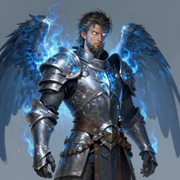 A Human Male Paladin, glowing white eyes, blue flames surrounding, shaggy hair, scruffy beard, medium armor, wings, fantasy, intricate, elegant, highly detailed, digital painting, artstation, concept art, smooth, sharp focus, illustration, art by Krenz Cushart and Artem Demura and alphonse mucha