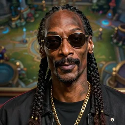 Snoop Dogg as a character in the game League of Legends, with a background based on the game League of Legends, detailed face
