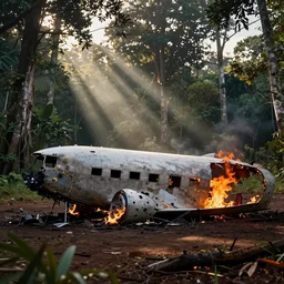 crashed plane on fire in the amazon forest