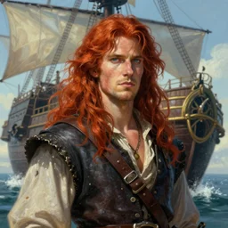 an epic fantasy comic book style portrait painting of a long haired, red headed male sky - pirate in front of an airship