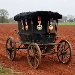 a horse drawn chariot rots in a field in flanders, the medals of dead soldiers glisten in the red mud