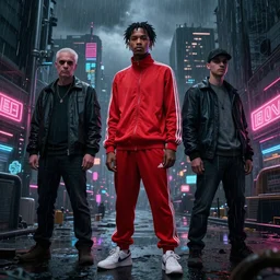 CHAPPIE In A Red Adidas Track Suit In Neo Tokyo with Die Antwoord, full figures, stormy weather, extremely detailed masterpiece, low-key neon lighting, artstation, 2001: A Space Odyssey, Roger Deakin’s cinematography, by J. C. Leyendecker and Peter Paul Rubens and Edward Hopper and Michael Sowa