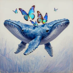 hand drawn painting of a fictional flying blue whale, it has tiny multiple holographic wings inspired by butterflies on its backside, photo, photorealistic, detailed, 8 k, hdr, high quality, high resolution, lossless quality, lossless, 4 k, 1 6 k, octane render quality, psychedelics, featured on artstation, the whale is inspired by subreddit / r / whale, by mohamed solah, art limited whale by bahar moumivand, by yuzuko sudo
