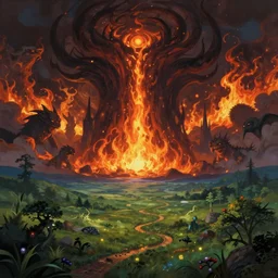 a beautiful landscape with a huge teleport to the underworld the underworld is fire and shadow the background is beautiful nature but the background in the shadow world is all fire and monsters digital painting art