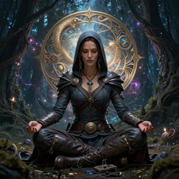 a kate beckinsale as dnd thief meditating in a nebula forest by greg rutkowski, high key lighting, volumetric light, digital art, highly detailed, fine detail, intricate, ornate, complex, octane render, unreal engine, photorealistic digital painting, artstation, concept art, sharp focus, art by greg rutkowski and alphonse mucha