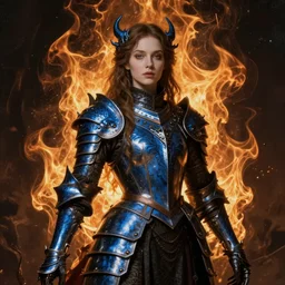 Gothic princess in dark and blue dragon armor. By fractal flame, Rembrandt painting, highly detailded