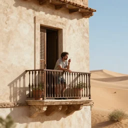 italian balcony with a person smoking on a hot weather with desert dunes in the background, realistic, soft natural volumetric lighting, beautifully detailed 4 k octane render, 4 k post processing 8 k
