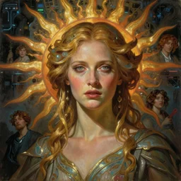stunning, breathtaking, awe-inspiring award-winning concept art nouveau painting of attractive alluring Tilda Swinton as the goddess of the sun, with anxious, piercing eyes, by Alphonse Mucha, Michael Whelan, William Adolphe Bouguereau, John Williams Waterhouse, and Donato Giancola, cyberpunk, extremely moody lighting, glowing light and shadow, atmospheric, cinematic, 8K
