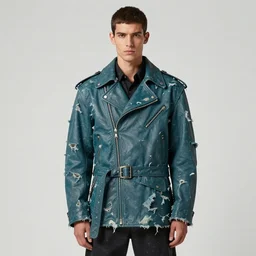 an award - winning photo of a male model wearing a baggy teal distressed medieval menswear moto jacket inspired by medieval armour designed by alexander mcqueen, 4 k, studio lighting, wide angle lens