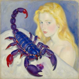 blonde woman with scorpion. violet, cobalt blue, cherry red. henri de toulouse - lautrec, utamaro, matisse