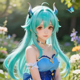 portrait of beautiful girl with long turquoise hair, small horns, cute big brown eyes, and a blue dress, in a garden full of flowers and Butterflies, genshin impact, realistic anime, backlit, strong rim light, sharp focus, octane render, trending on artstation, 8k