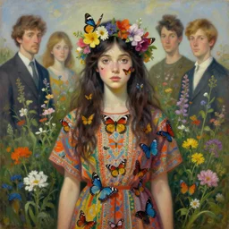 a beautiful dark haired girl covered with butterflies wearing a colourful patterned dress and a flower crown surrounded by wild flowers, painted by edgar maxence, edward hopper, wayne barlowe, james gilleard and james jean