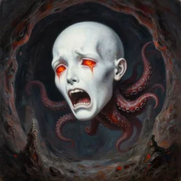 painting by greg rutkowski of a flying crying human head and face that is chalk white in color, with tentacles coming of the neck, fiery red eyes, flying in a terrying hell like cavernous place