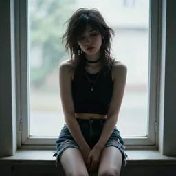 concept art for a beautiful sleepy punk girl sitting at a window, wearing crop top and torn short pants, pretty face, Glamor Shot, Magnification, 8K, Lonely, Accent Lighting, De-Noise, symmetrical face, hyper-realistic