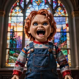 photo of a screaming chucky doll blending into a beautiful stained glass window