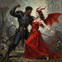 beautiful painting of black man and a female devil in red dress with horns are dancing together, in style of Dark Souls 3 and Elden Ring, fantasy matte painting, golden ratio, trending on cgsociety, cinematic, trending on artstation, highly detailed, vibrant