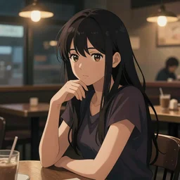 a beautiful girl with long dark hair, sitting alone in a café, night time, sharp focus, intricate, digital painting, artstation, official media, anime key visual, highly detailed, rich vivid colors, ambient lighting, illustration, art by Artgerm, Makoto Shinkai, Ilya Kuvshinov, Lois Van Baarle, and Rossdraws