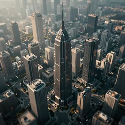 aerial view of a cyberpunk mega city, tilt shift