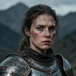 head and shoulders portrait of a female knight, dirty used armor, lightly dirty face, light spatter of blood, detailed face, photography by jimmy nelson, dramatic mountain background, edgelit, dark shadows, hq