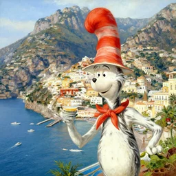 amalfi coast in the style of dr. seuss, painting by albert bierstadt