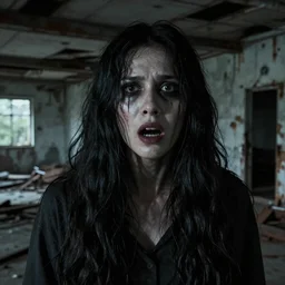 screengrab of a scary ghost woman with long black hair, highly detailed environment, detailed face, sharp focus, abandoned building, found footage, low quality camera, dark colors, industrial setting, rusty, lost footage, disturbing, horror, fear, bad camera, old footage, hyperrealism, unreal engine 5